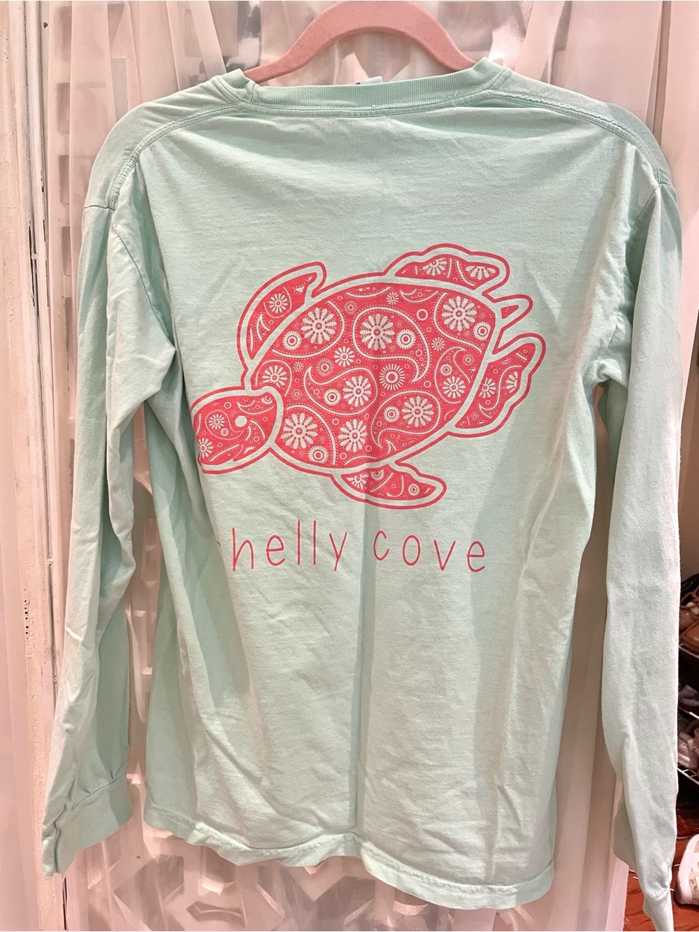 Shelly Cove Long Sleeve Tee in Mint with Pink Turtle Graphic cotton